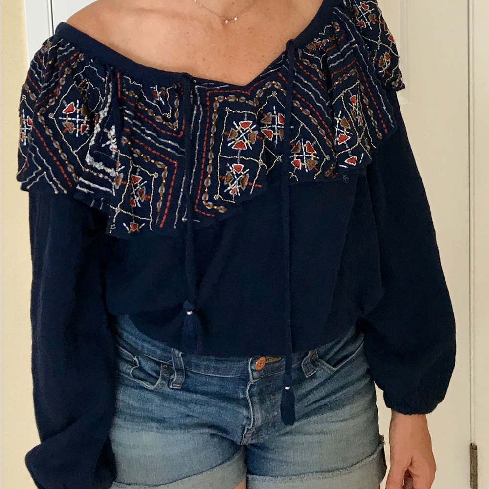 Navy embroidered off the shoulder top